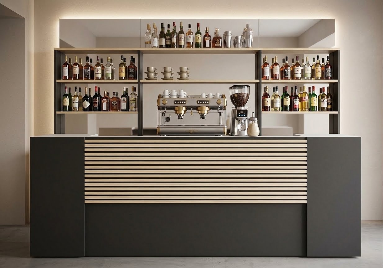 Bancone bar con doghe, color legno e nero, Modello LE CANNET